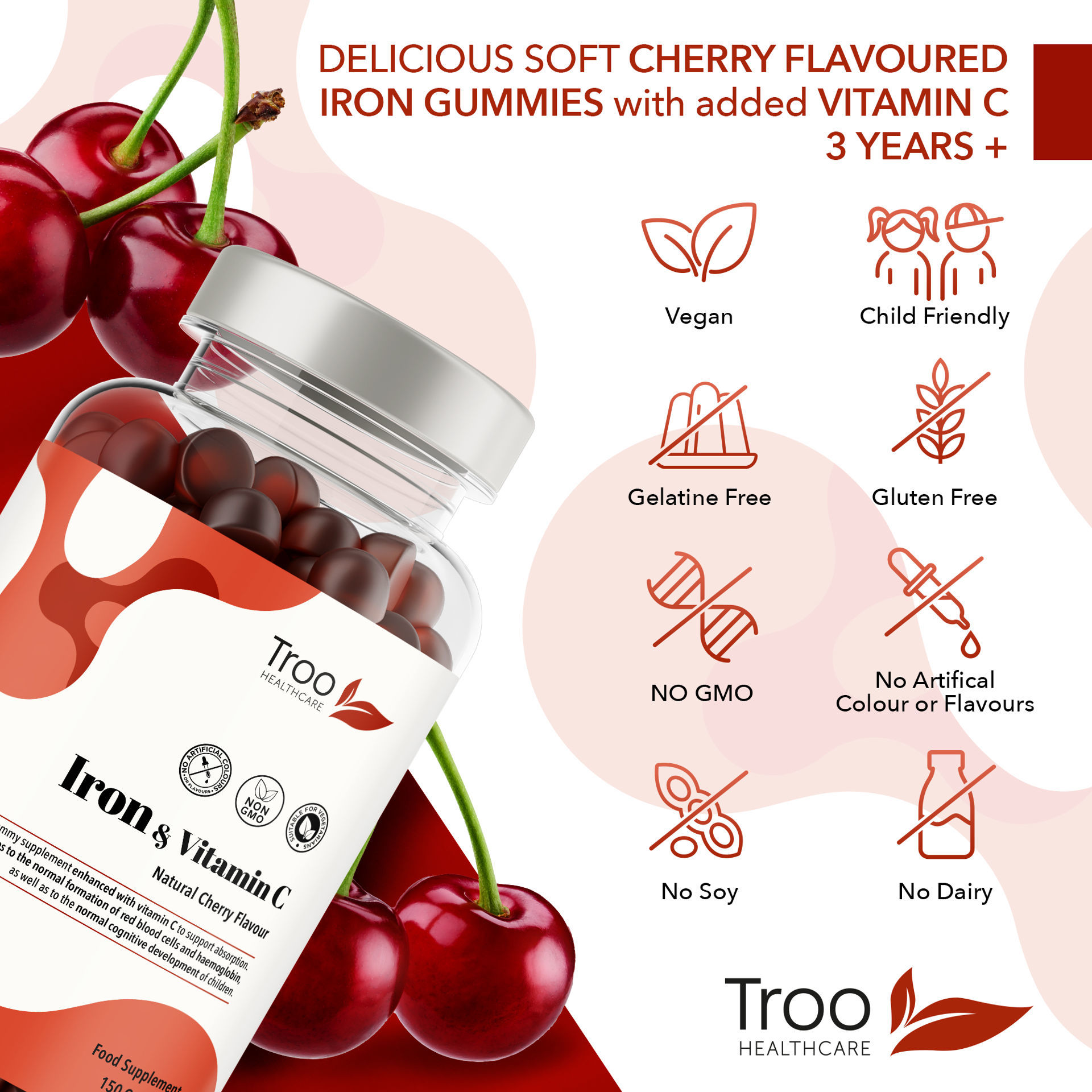 Iron with Vitamin C 150 Cherry Flavour Gummies Troo Health Care