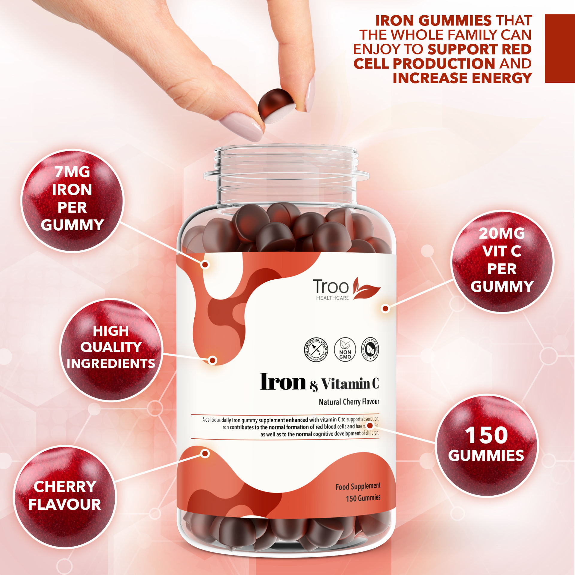 Iron with Vitamin C 150 Cherry Flavour Gummies Troo Health Care