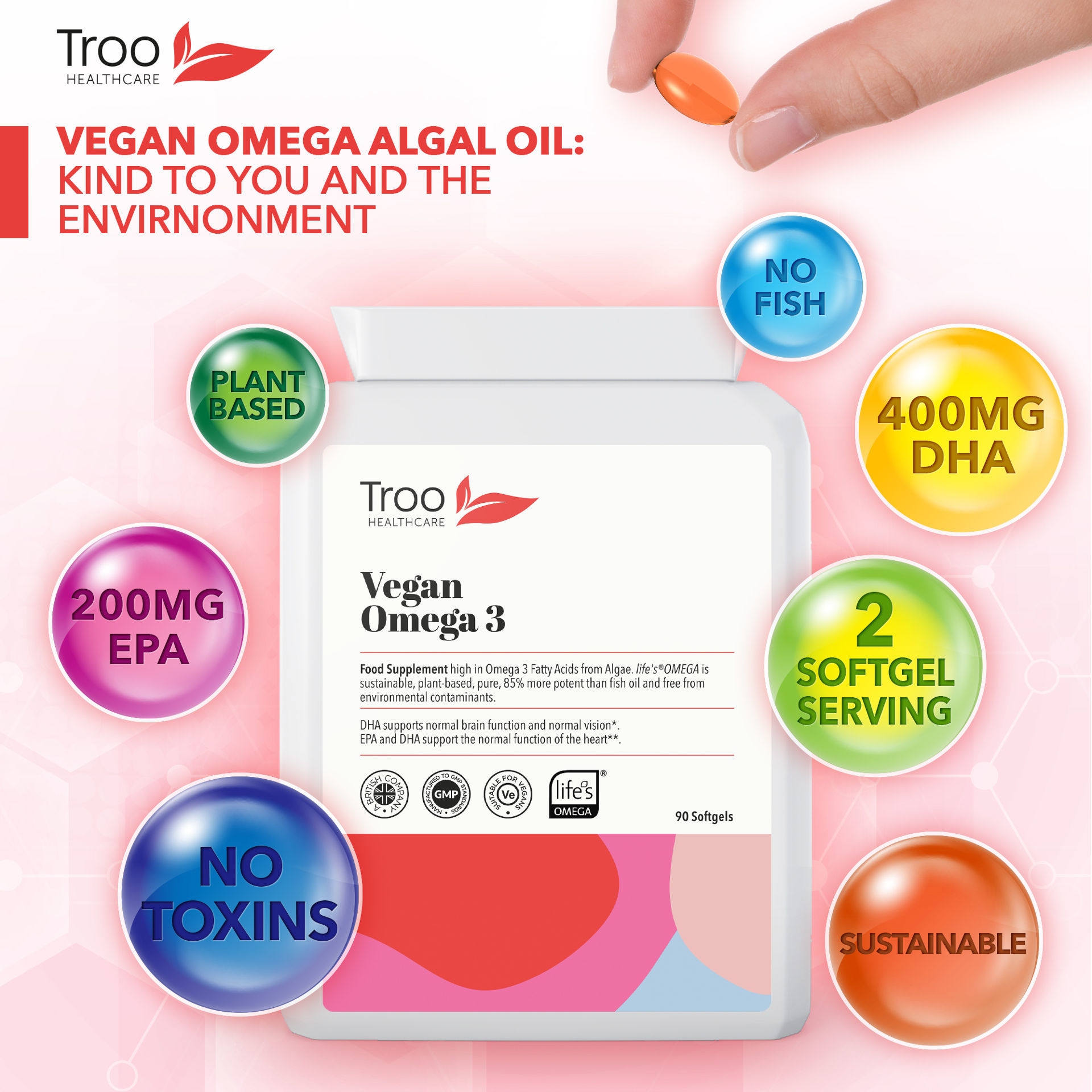 Vegan Omega 3 Algal Oil Softgel Capsules High in EPA & DHA Troo