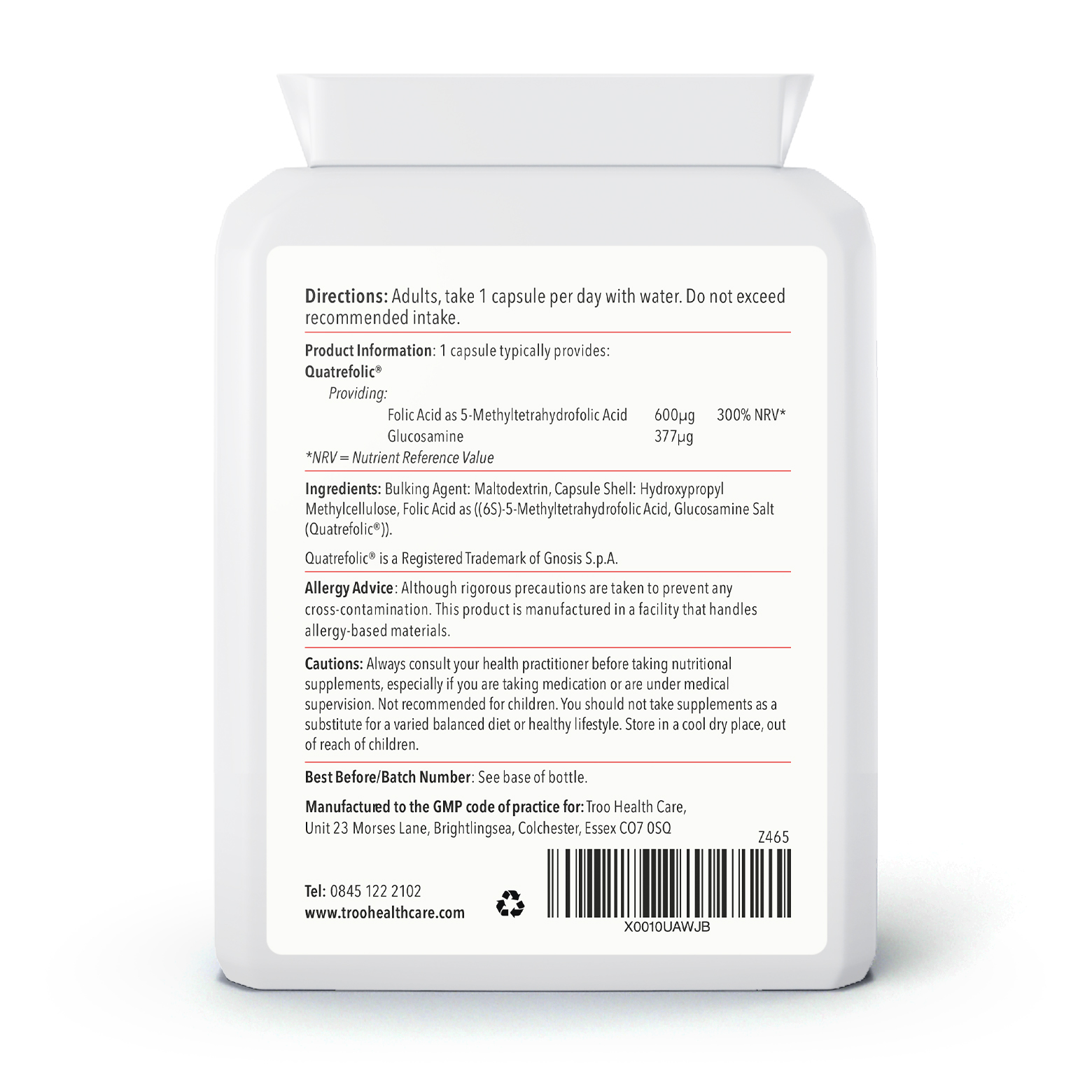 Folic Acid as Methyl Folate 600mcg Quatrefolic Capsules - Troo Health ...